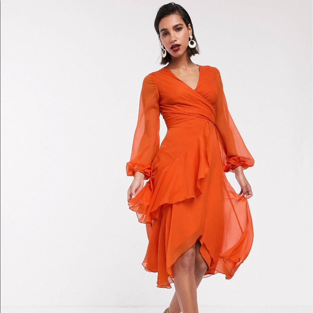 Orange ASOS Ruffle Midi Dress